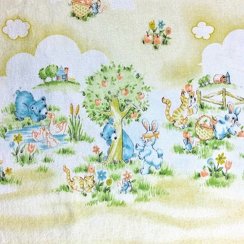 2 Vintage Dundee Yellow Blue Bear Tree Baby Receiving Blanket Country Sunshine